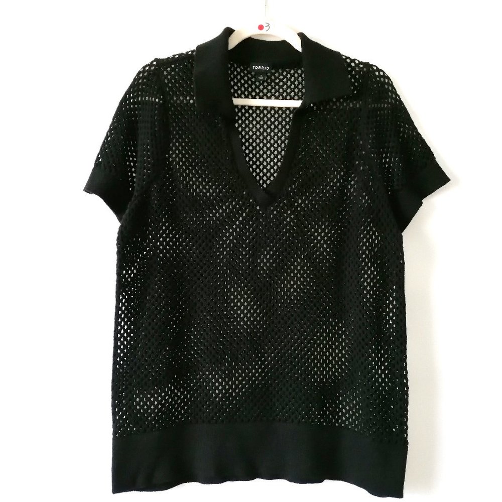 Torrid Womens Black Collared Short Sleeve Open Stitch Pullover Sweater Size 1X